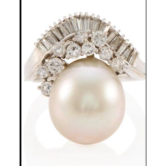 14k White Gold Pearl Diamond Ring South Seas Pearl 12mm Engagement Cocktail Vtg - Picture 4 of 4